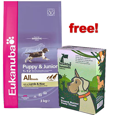 Food Gifts - 15kg Eukanuba Dog Food + Healthy Hounds Dog Treats Free - Puppy & Junior Lamb & Rice
